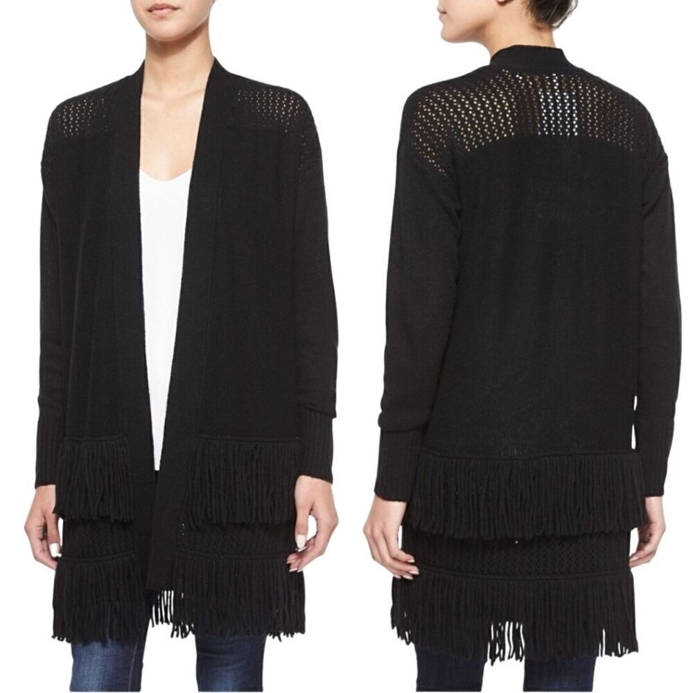 Rebecca Taylor Black Wool Fringe Open Knit Open Front Cardigan Sweater Size XS